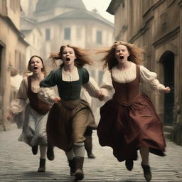 Two teen girls and a teen boy are running frantically from an angry mob in the 17th century