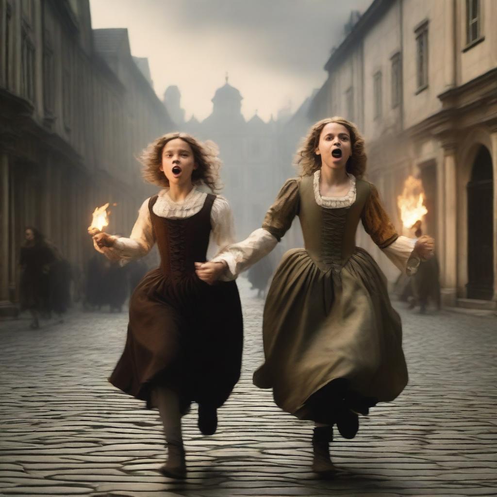 Two girls and a boy are running frantically from a mob in the 17th century