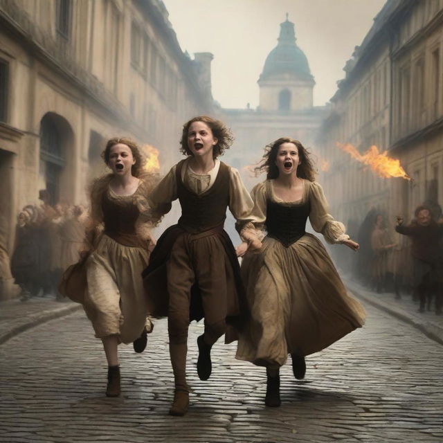 Two girls and a boy are running frantically from a mob in the 17th century