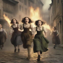 Two girls and a boy are running frantically from a mob in the 17th century