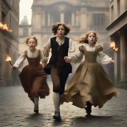 Two girls and a boy are running frantically from a mob in the 17th century