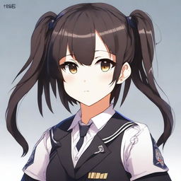 Genera una waifu maestra con cabello castaño de pelo corto, usando un uniforme de color negro