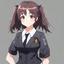 Genera una waifu maestra con cabello castaño de pelo corto, usando un uniforme de color negro