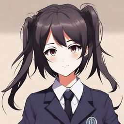 Genera una waifu maestra con cabello castaño de pelo corto, usando un uniforme de color negro