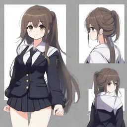 Genera una waifu maestra con cabello castaño de pelo corto, usando un uniforme de color negro