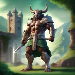 A majestic Minotaur Paladin standing proudly in a medieval fantasy setting