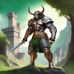 A majestic Minotaur Paladin standing proudly in a medieval fantasy setting