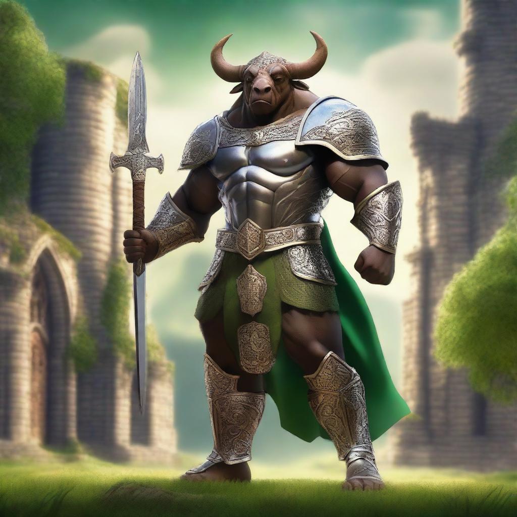 A majestic Minotaur Paladin standing proudly in a medieval fantasy setting