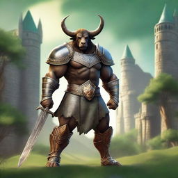 A majestic Minotaur Paladin standing proudly in a medieval fantasy setting