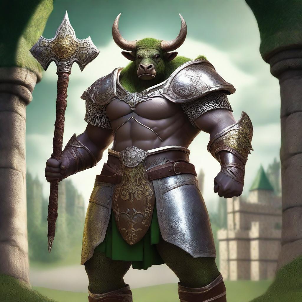 A majestic Minotaur Paladin standing proudly in a medieval fantasy setting