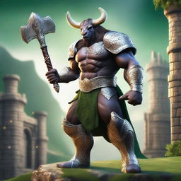 A majestic Minotaur Paladin standing proudly in a medieval fantasy setting