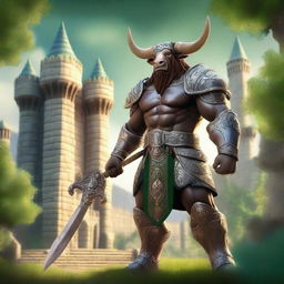 A majestic Minotaur Paladin standing proudly in a medieval fantasy setting