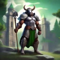 A majestic Minotaur Paladin standing proudly in a medieval fantasy setting