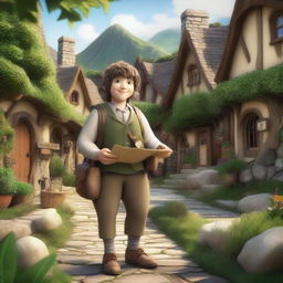 A cheerful Hobbit Messenger standing in a quaint village setting