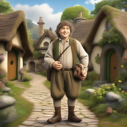 A cheerful Hobbit Messenger standing in a quaint village setting