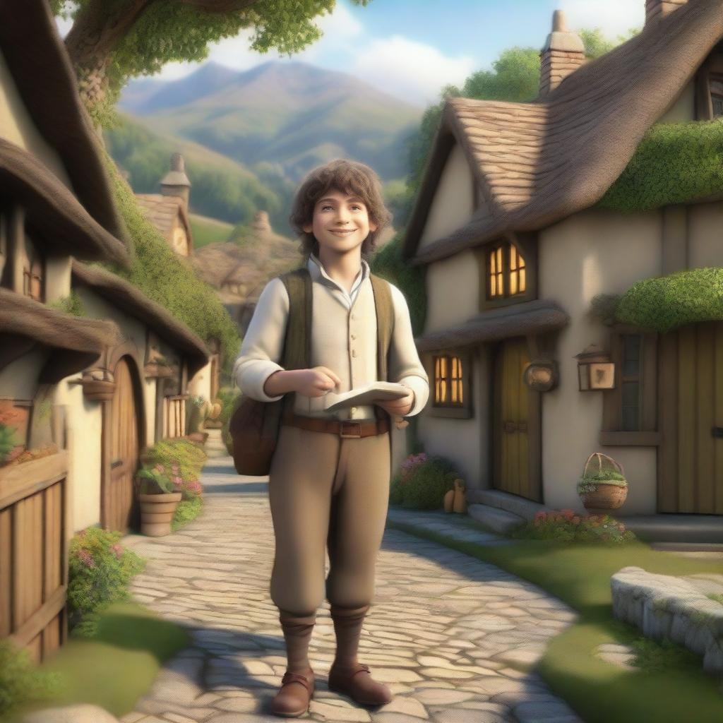 A cheerful Hobbit Messenger standing in a quaint village setting