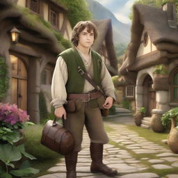 A brave Hobbit Messenger Warrior standing in a quaint village setting