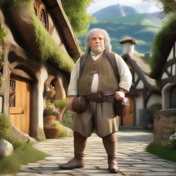 A brave Hobbit Messenger Warrior standing in a quaint village setting