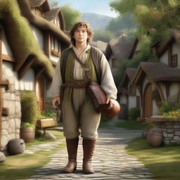 A brave Hobbit Messenger Warrior standing in a quaint village setting