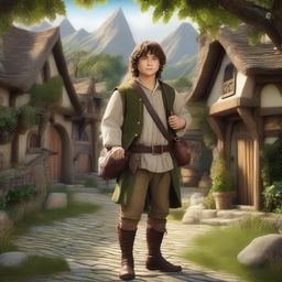 A brave Hobbit Messenger Warrior standing in a quaint village setting