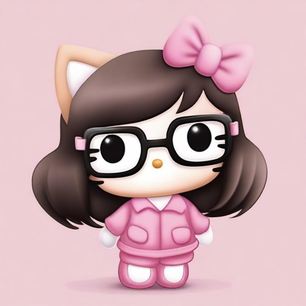 A light brown Hello Kitty character with hazel eyes, big glasses, and long black hair