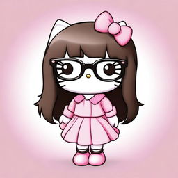 A light brown Hello Kitty character with hazel eyes, big glasses, and long black hair