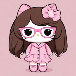 A light brown Hello Kitty character with hazel eyes, big glasses, and long black hair