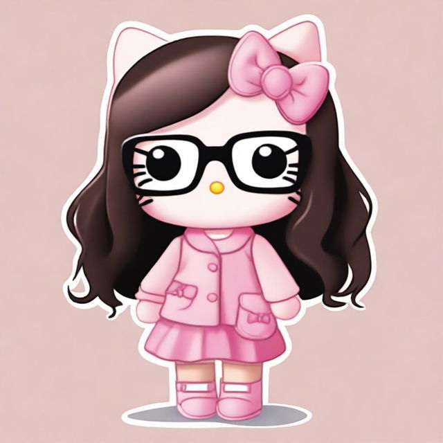 A light brown Hello Kitty character with hazel eyes, big glasses, and long black hair