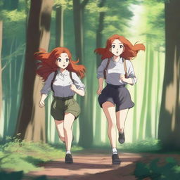 Two girls with red hair are running away through a dense, mysterious forest