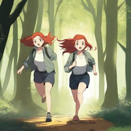 Two girls with red hair are running away through a dense, mysterious forest