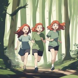 Two girls with red hair are running away through a dense, mysterious forest