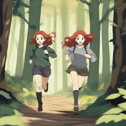 Two girls with red hair are running away through a dense, mysterious forest