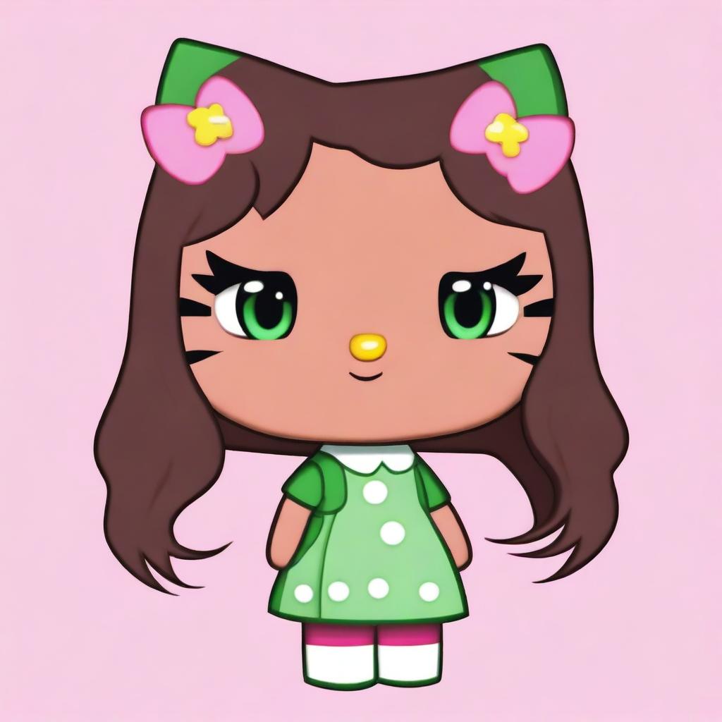 A Hello Kitty character with brown skin and green eyes