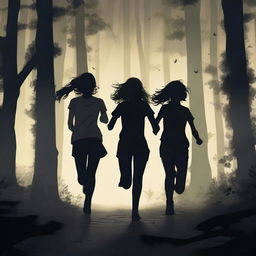 A realistic depiction of two girls running away in a dark, dense forest at night