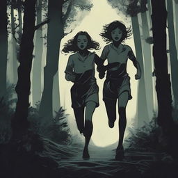 A realistic depiction of two girls running away in a dark, dense forest at night