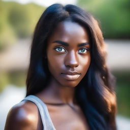 A young woman with dark skin and heterochromia, having one eye blue and the other brown