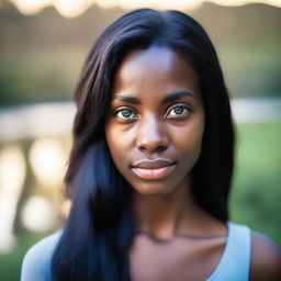 A young woman with dark skin and heterochromia, having one eye blue and the other brown