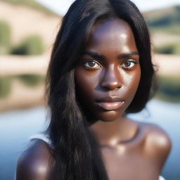 A young woman with dark skin and heterochromia, having one eye blue and the other brown