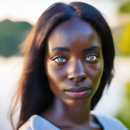 A young woman with dark skin and heterochromia, having one eye blue and the other brown