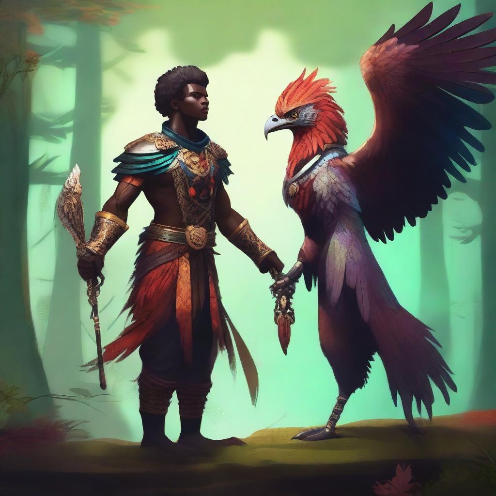 A dark-skinned animal tamer standing confidently next to a majestic griffin