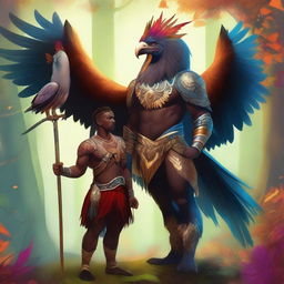 A dark-skinned animal tamer standing confidently next to a majestic griffin