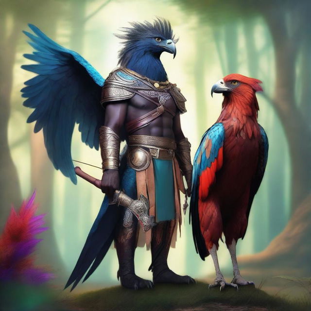 A dark-skinned animal tamer standing confidently next to a majestic griffin