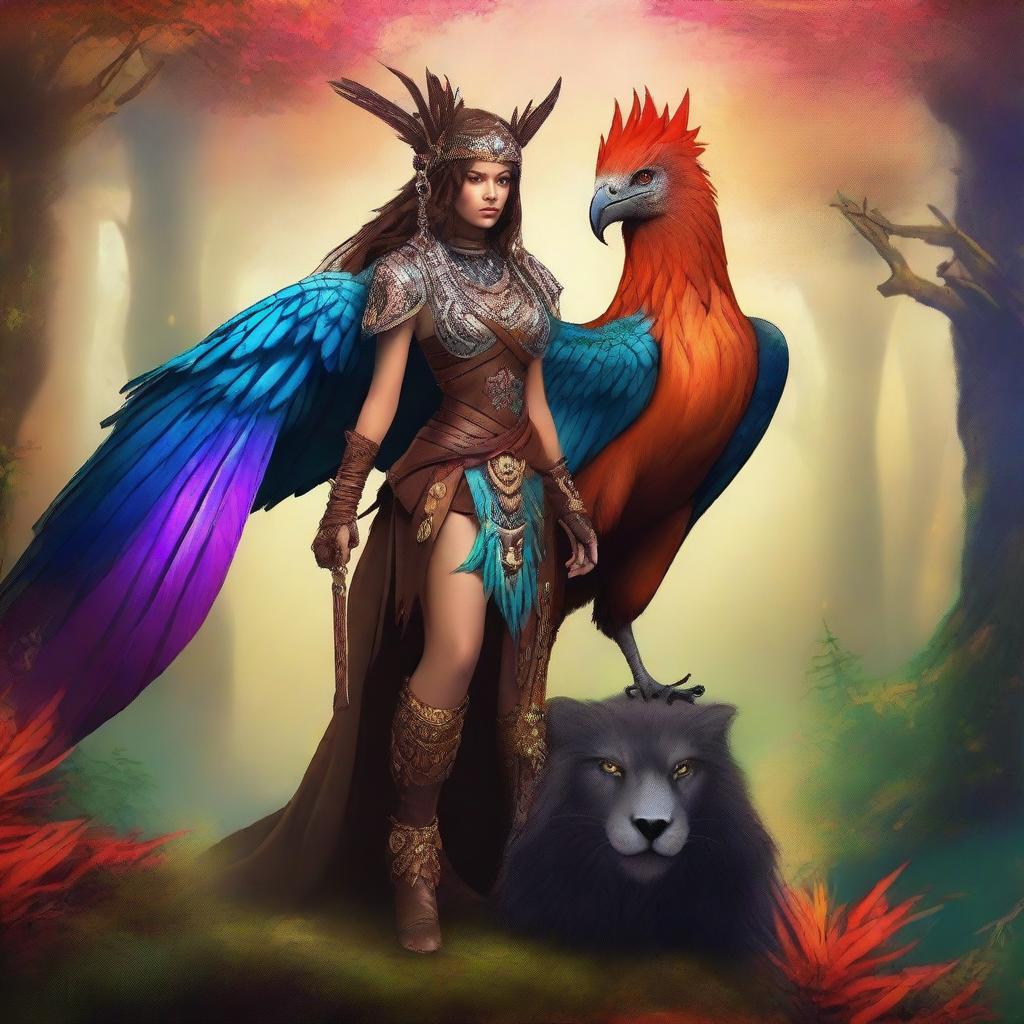 A griffin tamer standing proudly next to her majestic griffin