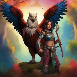 A griffin tamer standing proudly next to her majestic griffin