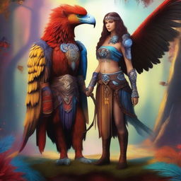 A griffin tamer standing proudly next to her majestic griffin