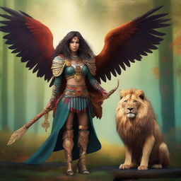 A griffin tamer standing proudly next to her majestic griffin, which is half eagle and half lion