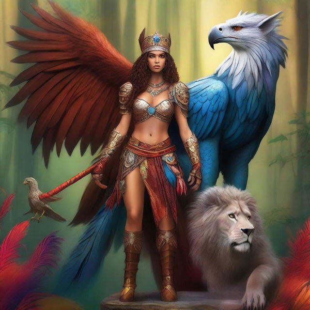 A griffin tamer standing proudly next to her majestic griffin, which is half eagle and half lion
