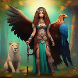 A griffin tamer standing proudly next to her majestic griffin, which is half eagle and half lion