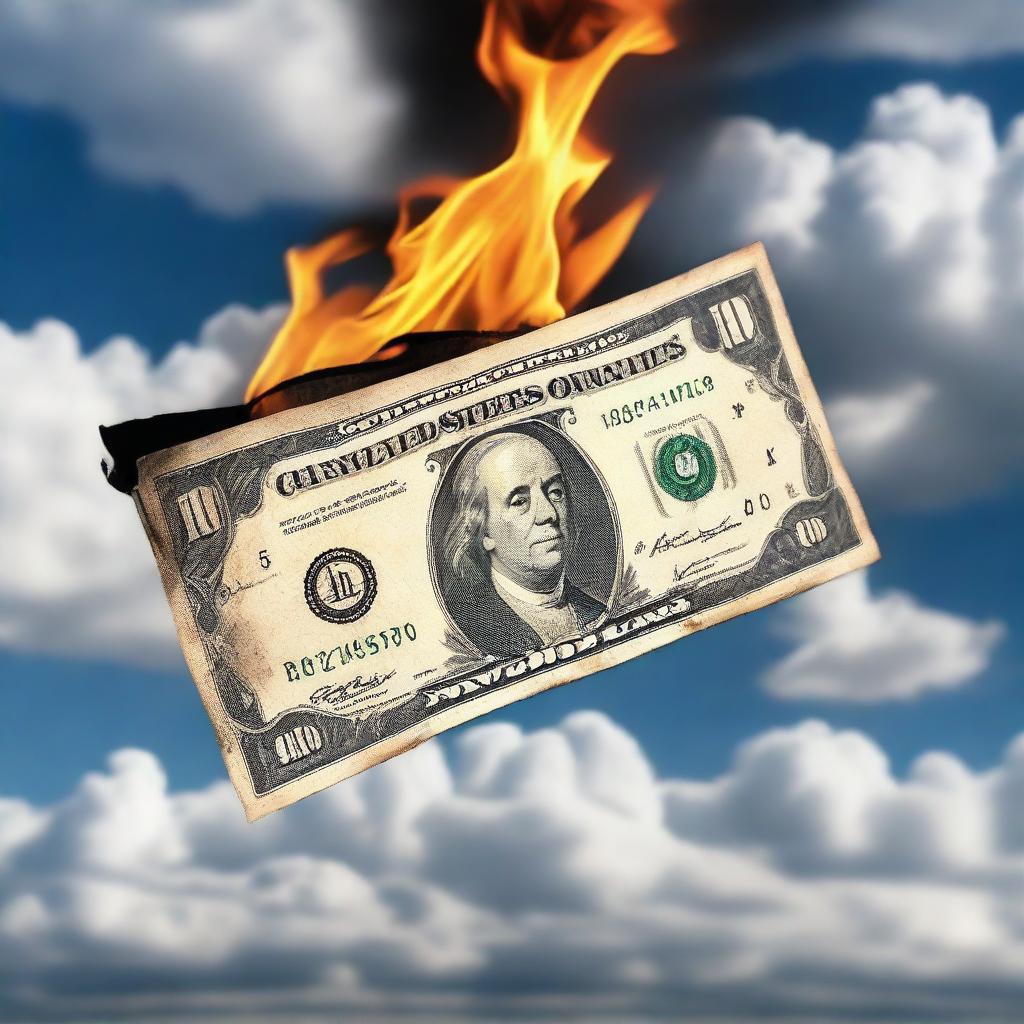 A half-burned 100 dollar bill floating in the sky with clouds in the background