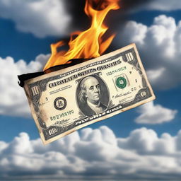 A half-burned 100 dollar bill floating in the sky with clouds in the background